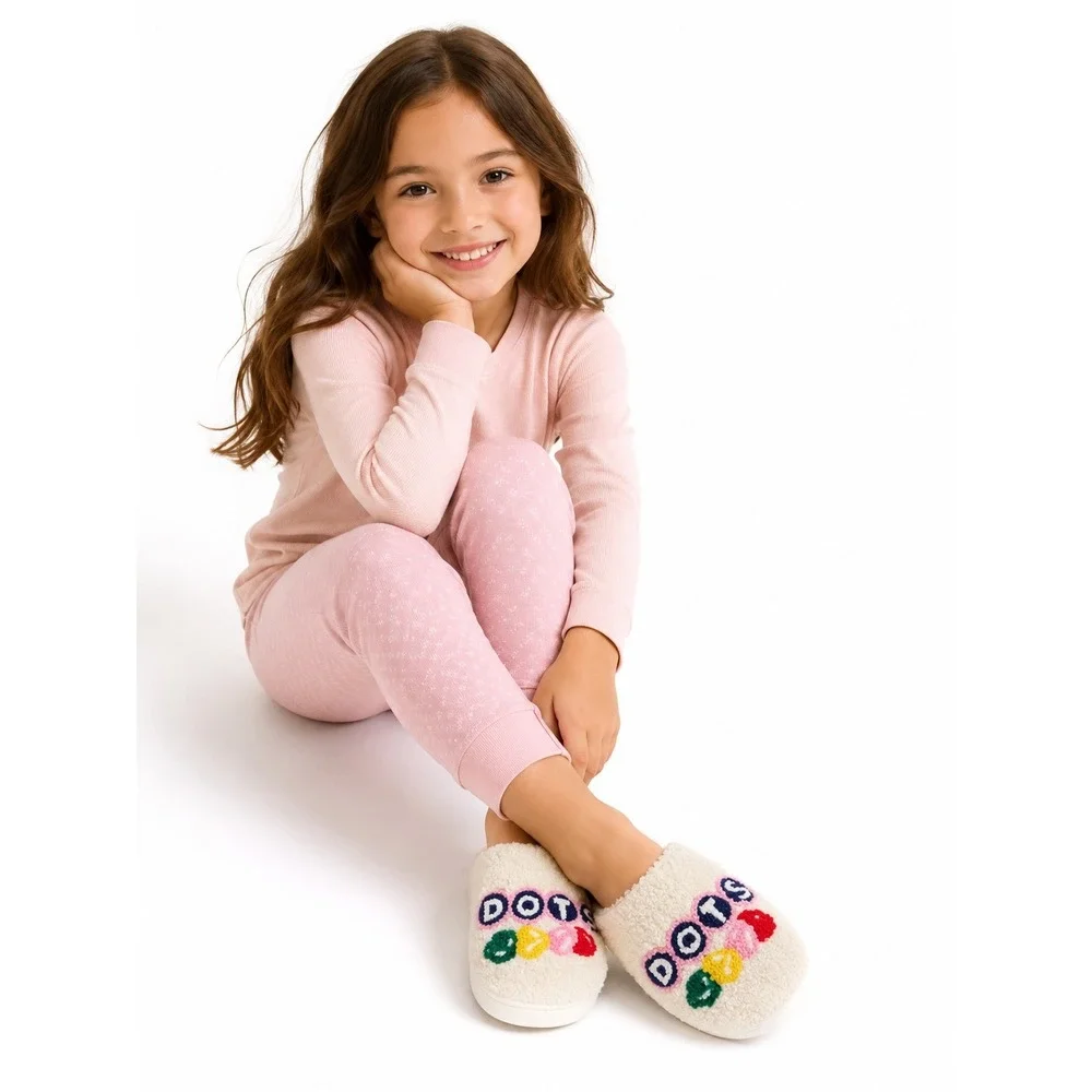Dots Candy Plush Slippers Youth Large 3-4 Cozy Indoor Outdoor‎ Hard Sole